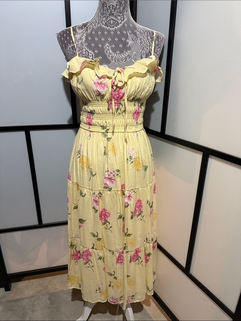 Trixxi Pale Yellow Floral Tie-Front Tiered Maxi Dress